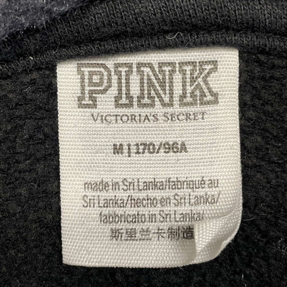 PINK Victoria's Secret Zip Hoodie Women Medium Black Sherpa Hood white Stripe - Picture 5 of 11